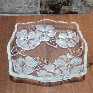 VTG Floral Etched Glass Dish Platter Flower Fancies
